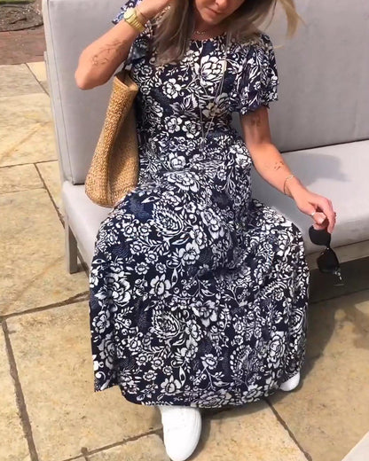 Levoire | Robe Longue Avec Motif Floral Et Manches Courtes Marine bleu