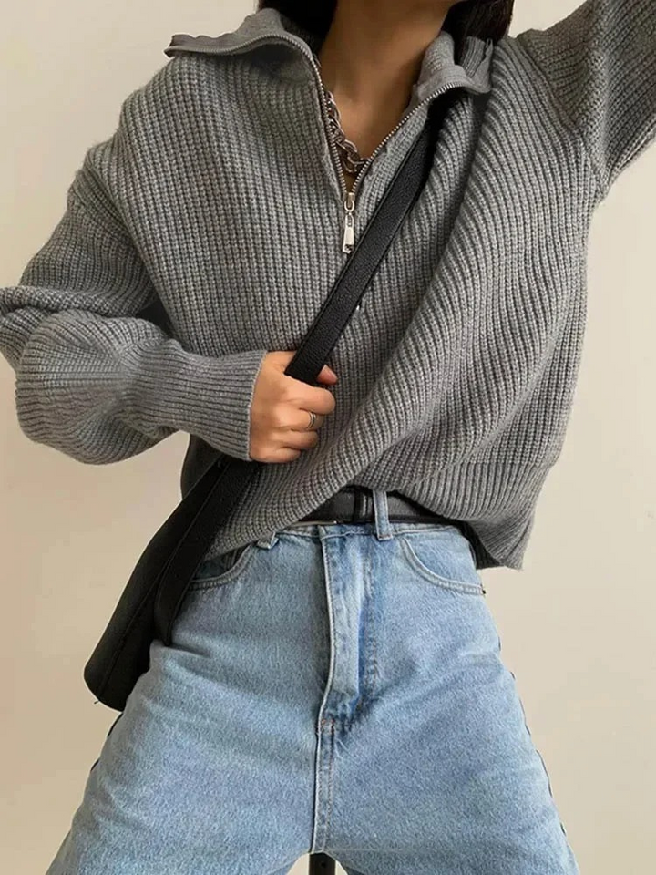 Levoire | Pull-over à col zippé pour femmes, coupe surdimensionnée Gris