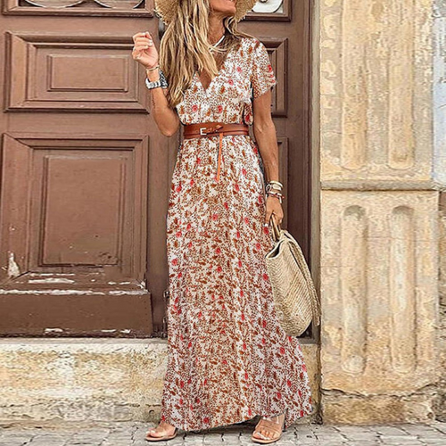 Levoire | Robe Maxi Boho d'été avec décolleté en V à manches courtes