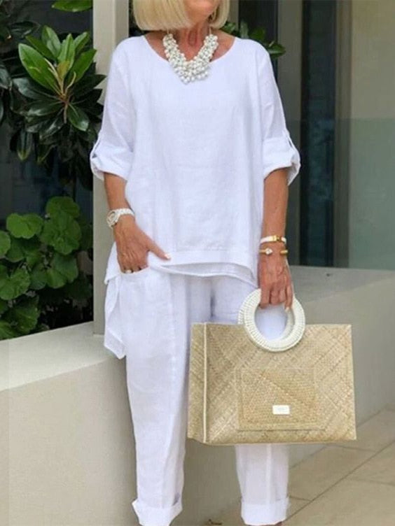 Levoire | Élégant Tailleur Femme Avec Top Et Pantalon Blanc