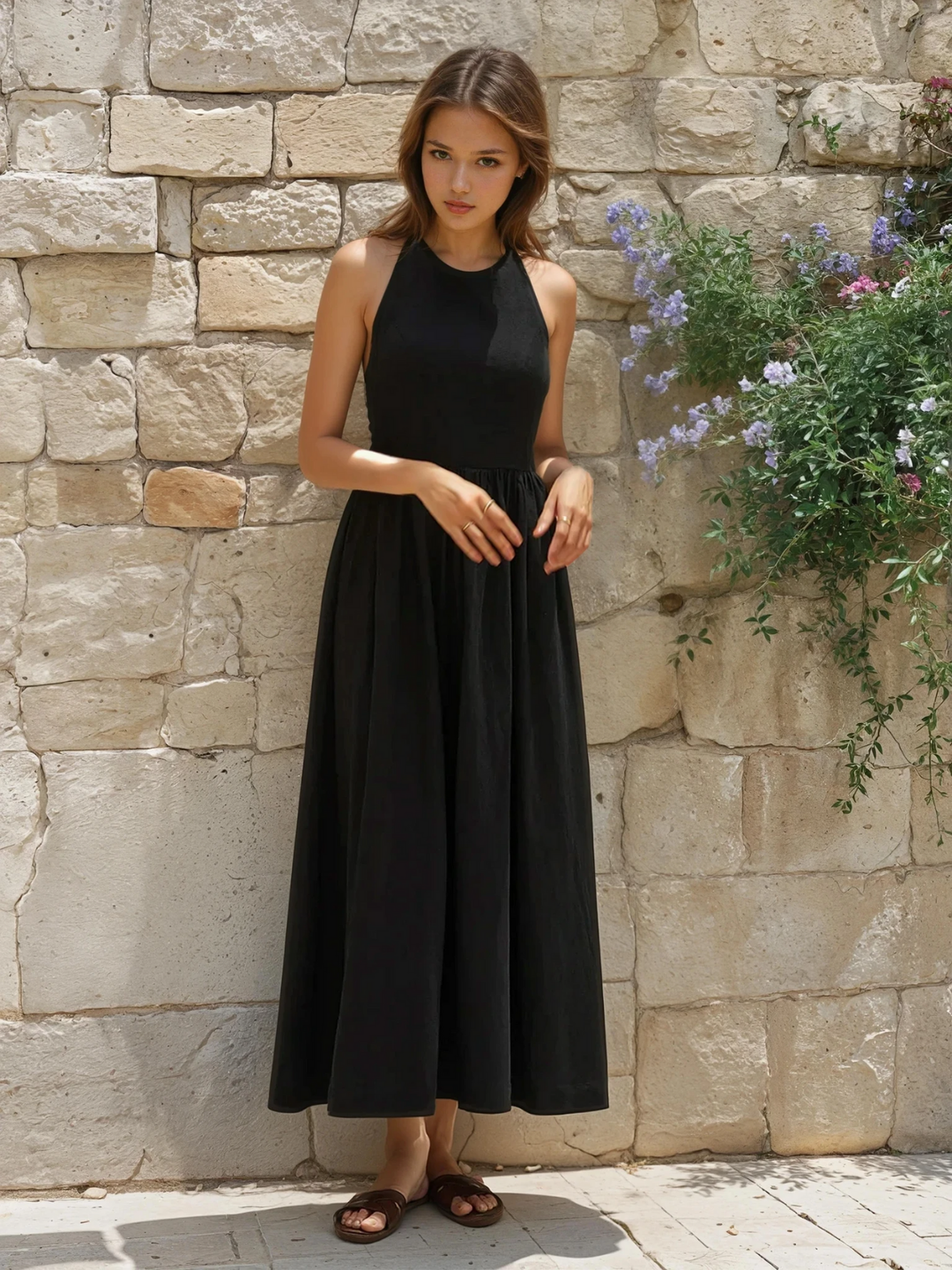 Levoire | Élégant Robe Longue Unie À Col Halter Noir