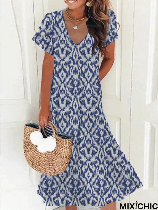 Levoire | Robes décontractées à encolure en V géométrique et manches courtes Bleu