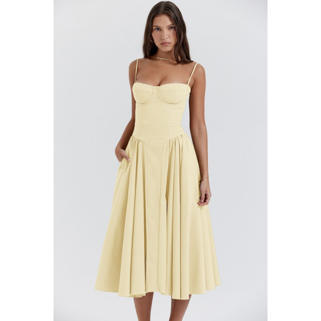 Levoire | Robe D'Invite De Mariage D'Été Plissée À Bretelles Spaghetti - Maxi Jaune