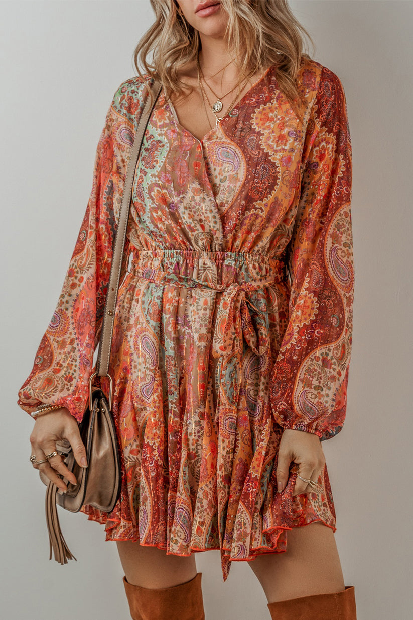 Levoire | Robe Mini Boho Avec Motif Paisley, Manches Longues Et Élégante Ceinture Régulière Orange