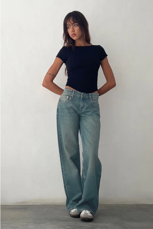 Levoire | Jean taille basse en denim extensible tendance pour femmes Bleu Blanc