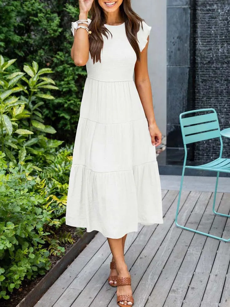 Levoire | Robe midi d'été pour femmes Robe élégante pour femmes avec manches courtes Blanc