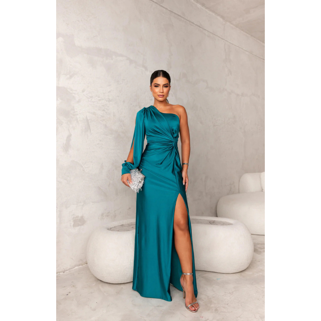Levoire | Robe D'Invité De Mariage Pour Femme À Épaules Simples Et Manches Drapées - Maxi Turquoise