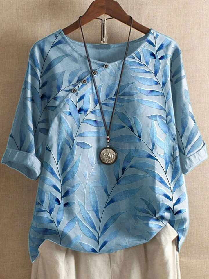 Levoire | T-shirts décontractés en coton et lin, imprimés de fleurs d'été et boutonnés Bleu
