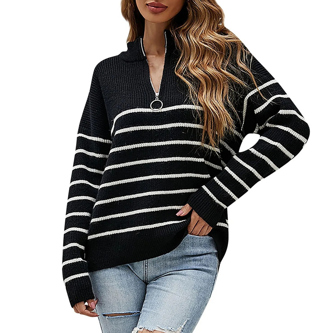 Levoire | Pull à zip pour femmes Modèle rayé, Ajustement flexible Noir-Blanc