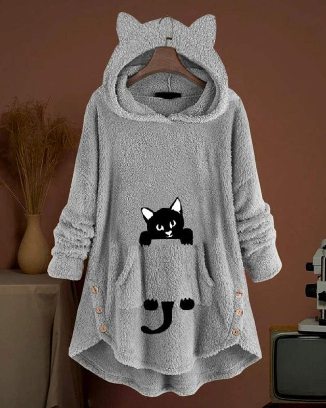 Levoire | Pull À Capuche Long Avec Capuche Et Design Unique D'Impression De Chat Gris
