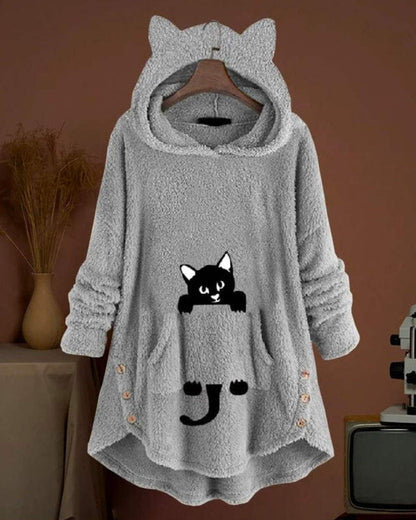 Levoire | Pull À Capuche Long Avec Capuche Et Design Unique D'Impression De Chat Gris