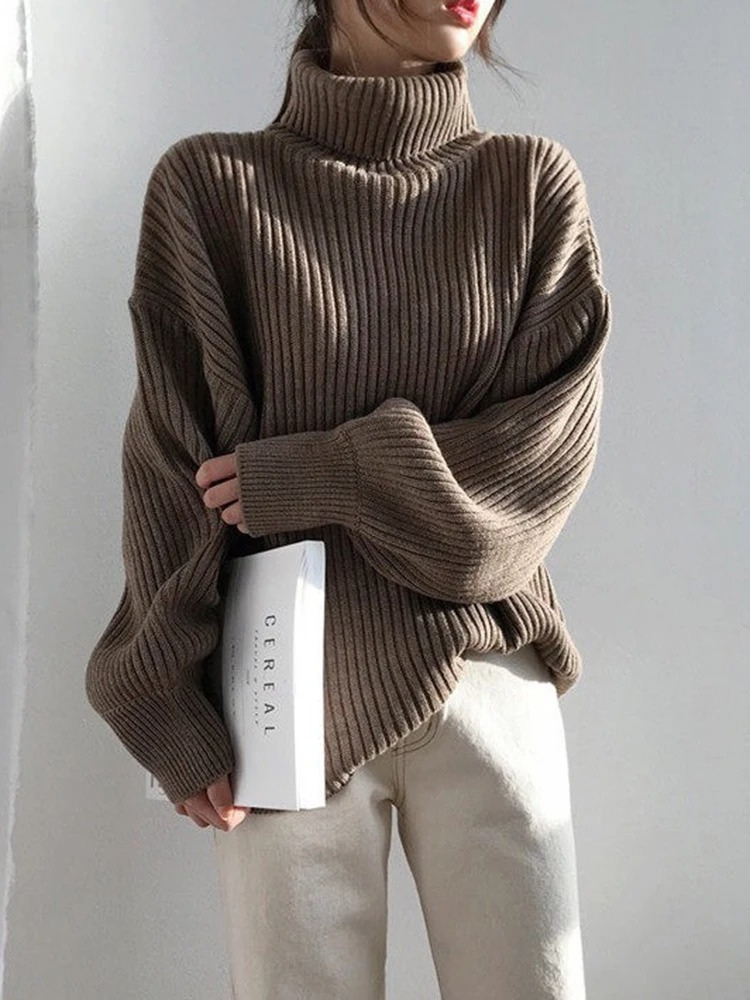 Levoire | Pull femme à col montant, pull oversized à côtes, chaud et élégant Braun