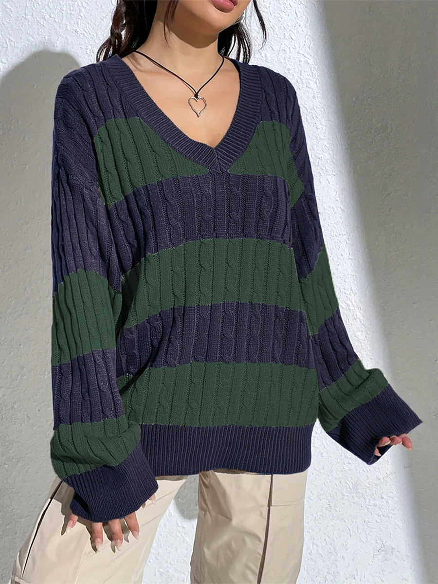 Levoire | Pull en laine Femme Col en V Pull rayé, Pull décontracté Vert bleu