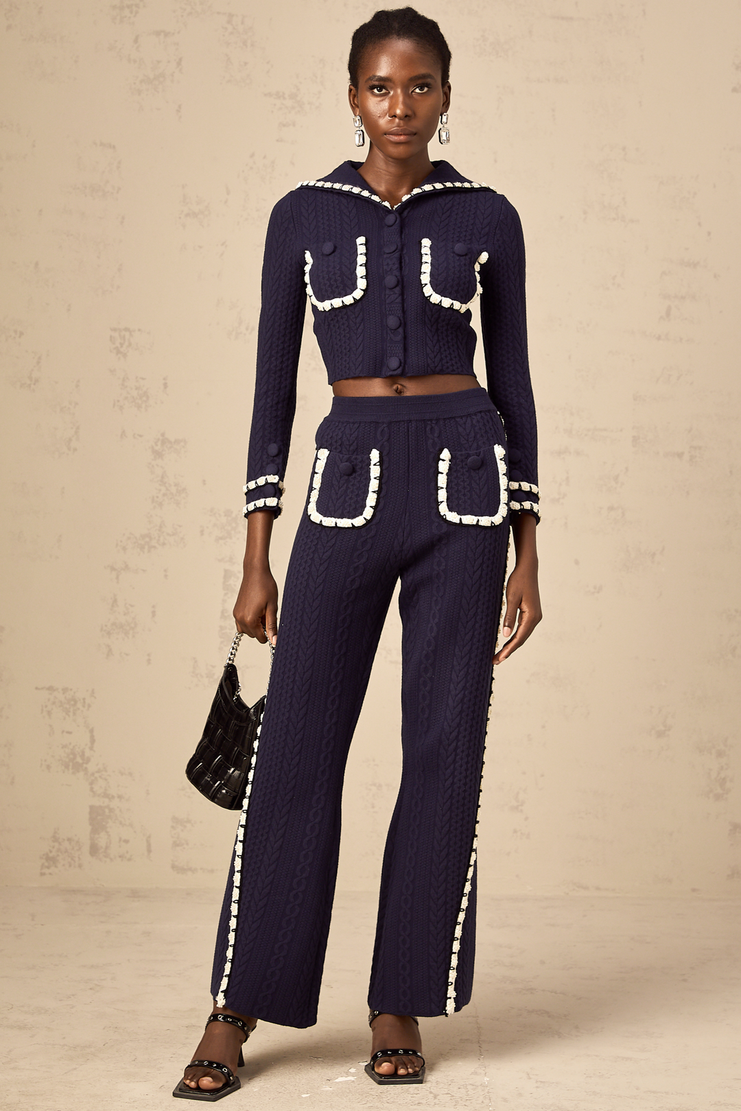 Levoire | Veste En Tricot En Crochet Marine Et Pantalon Ensemble Assorti