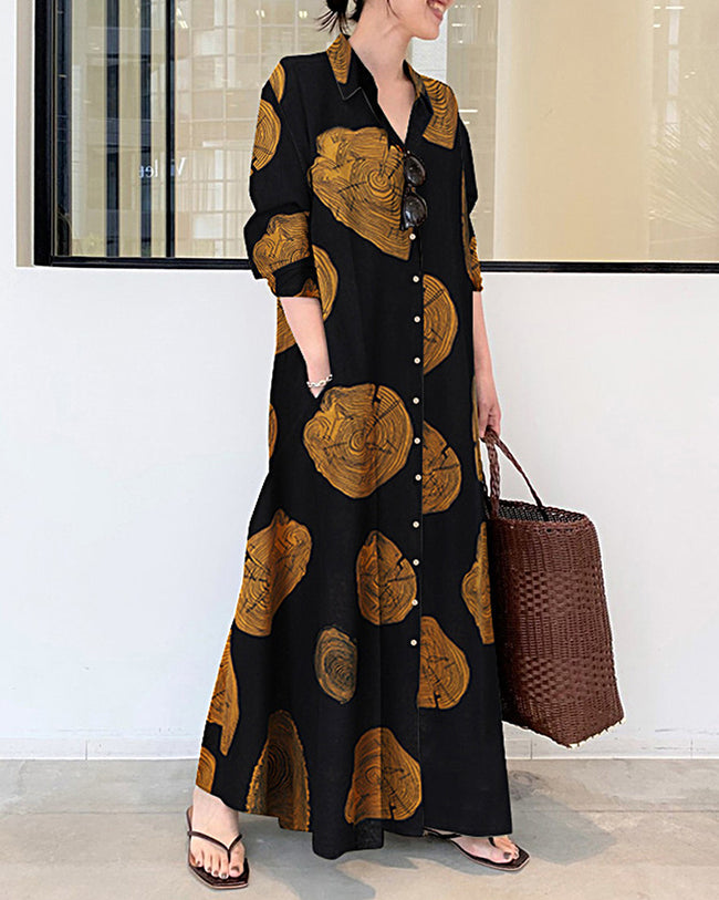 Levoire | Robe longue en lin à manches longues et blocs de couleurs Imprimé Contraste Lâche Grande taille Maxi Robes Jaune