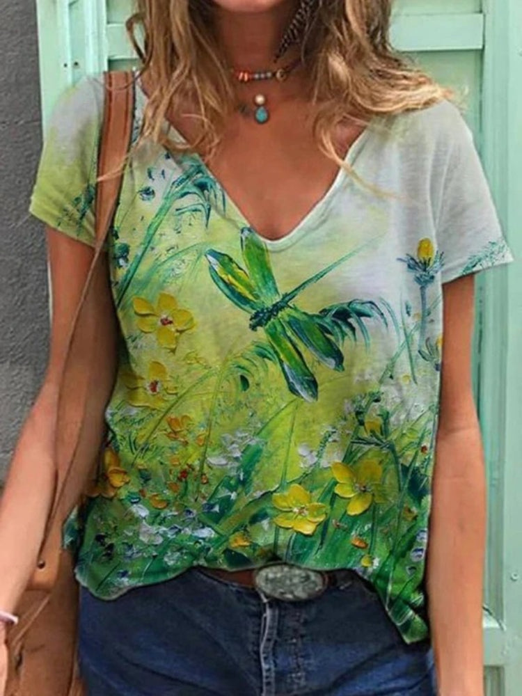 Levoire | T-shirt col V peinture d'art floral Vert