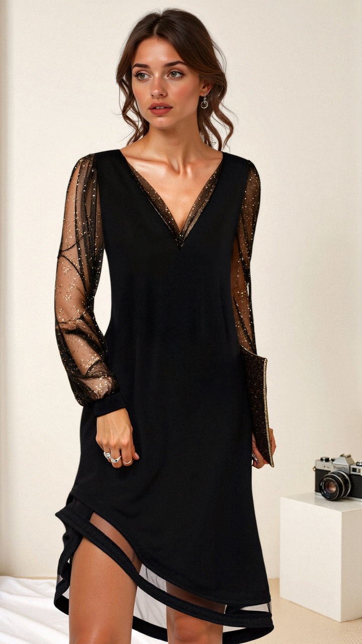 Levoire | Robe De Soirée Avec Décolleté En V Et Manches Scintillantes Noir