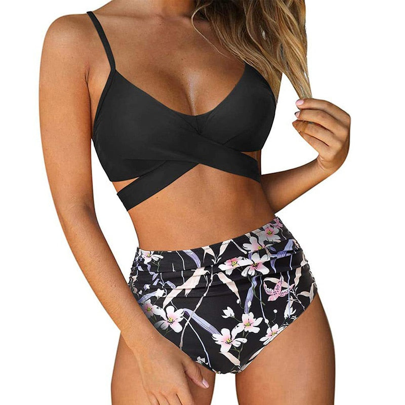 Levoire | Taille haute, bikini d'été coloré pour femmes Top noir - Slip fleuri
