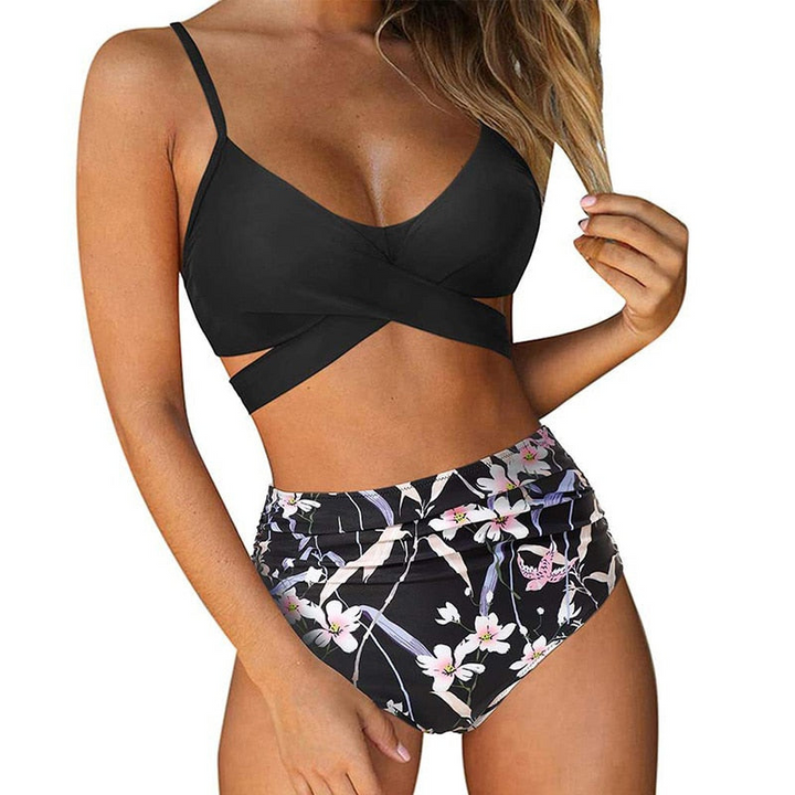 Levoire | Taille haute, bikini d'été coloré pour femmes Top noir - Slip fleuri