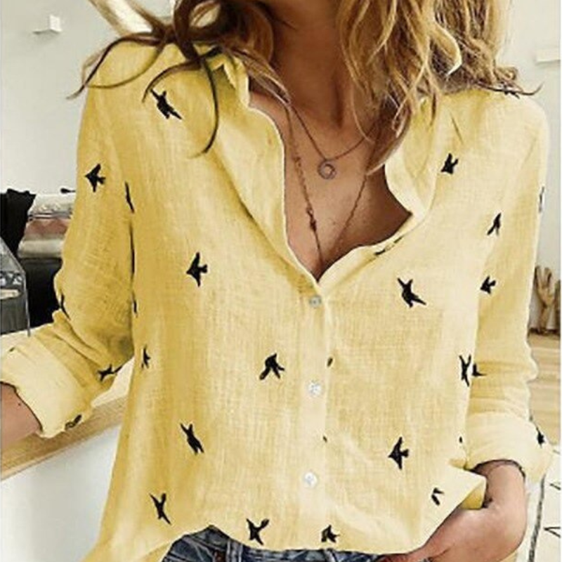 Levoire | Chemisier femme Design classique & Confortable Jaune (avec des oiseaux)