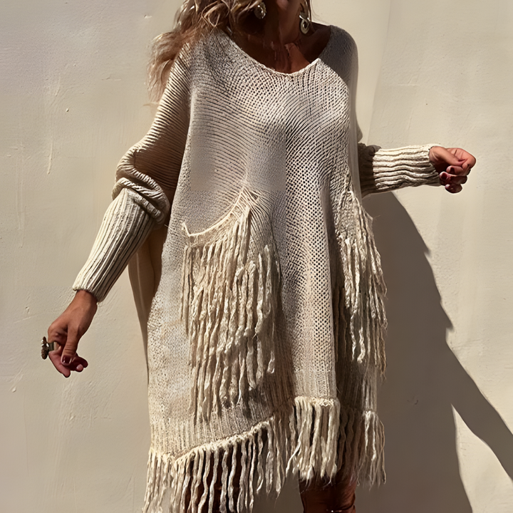 Levoire | Pull Boho Style À Franges Beige