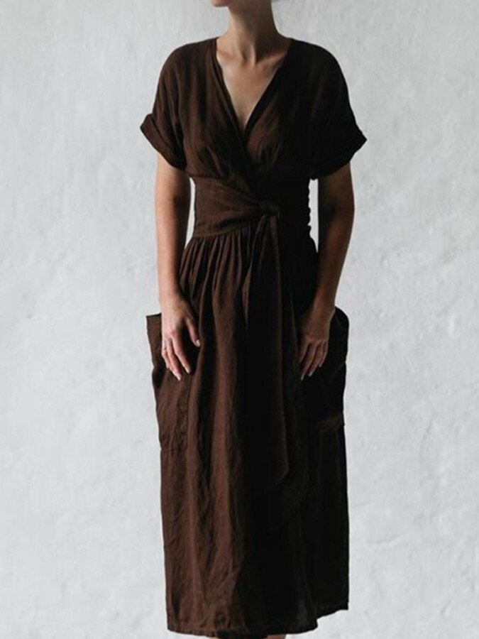Levoire | Robe midi en lin à nouer avec ceinture pour femmes élégantes Braun