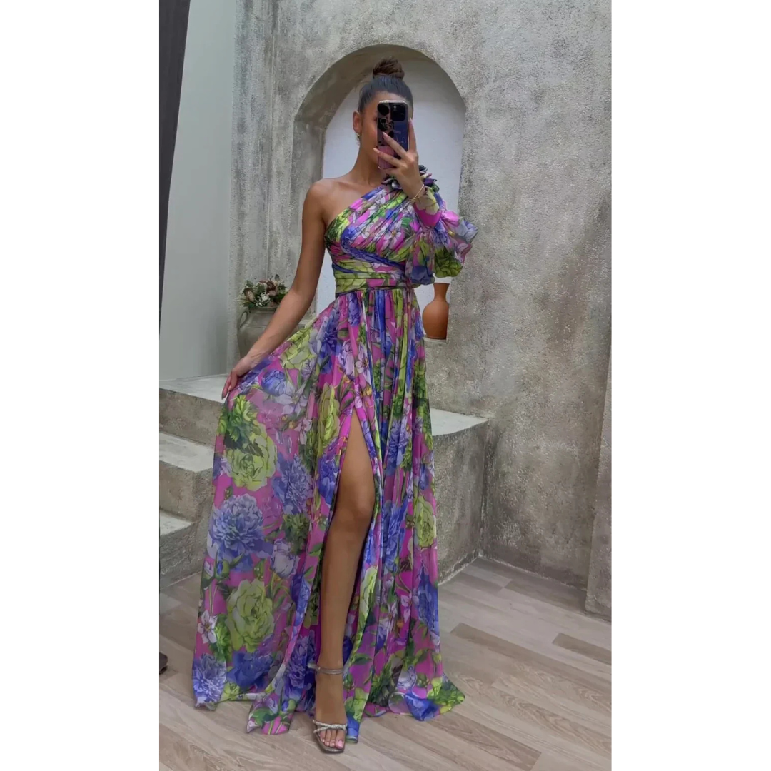 Levoire | Robe D'Invité De Mariage Asymétrique À Imprimé Floral - Maxi Rose et bleu