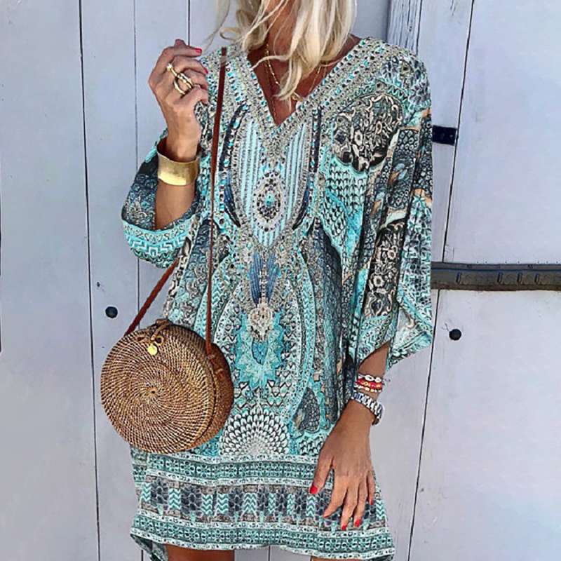 Levoire | Bohème Retro Imprimé V-Cou Midi Robe Pour Femmes Bleu