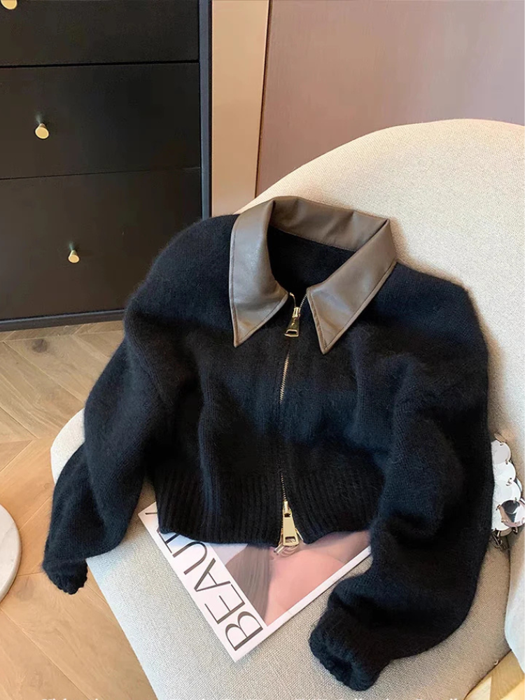 Levoire | Gilet pour femmes avec fermeture éclair à col en cuir utilisé Noir