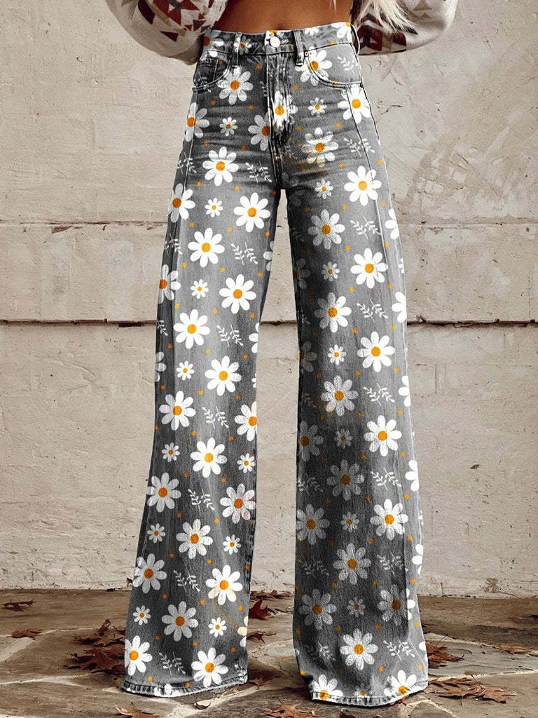 Levoire | Pantalon Flare Look Rétro Femme Fleurs blanches