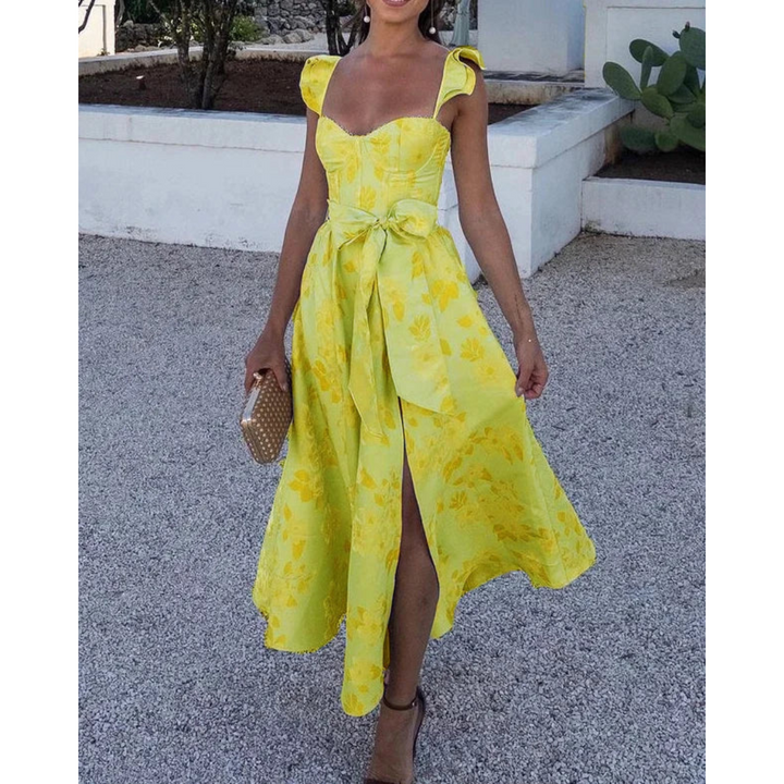 Levoire | Robe D'Invitée De Mariage Pour Femme Avec Nœud Papillon À La Taille - Midi Jaune