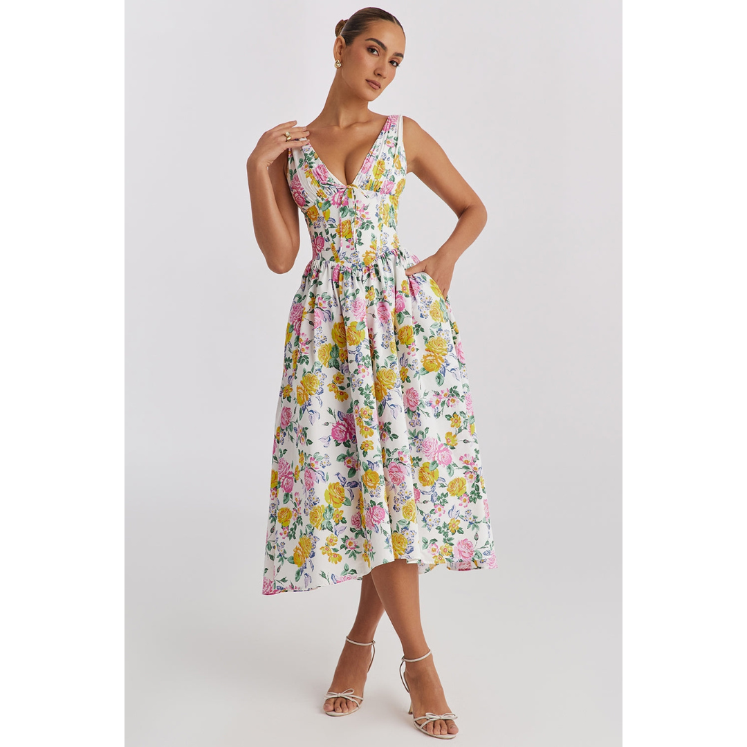 Levoire | Corset Levoire | Robe D'Invitée De Mariage D'Été - Maxi Floral Jaune