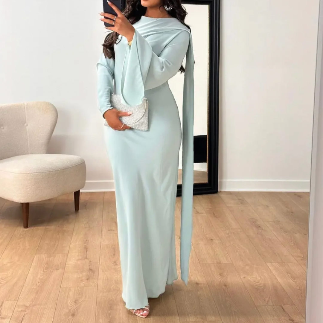 Levoire | Robe D'Invité De Mariage À Manches Longues Drapées - Maxi Vert Menthe