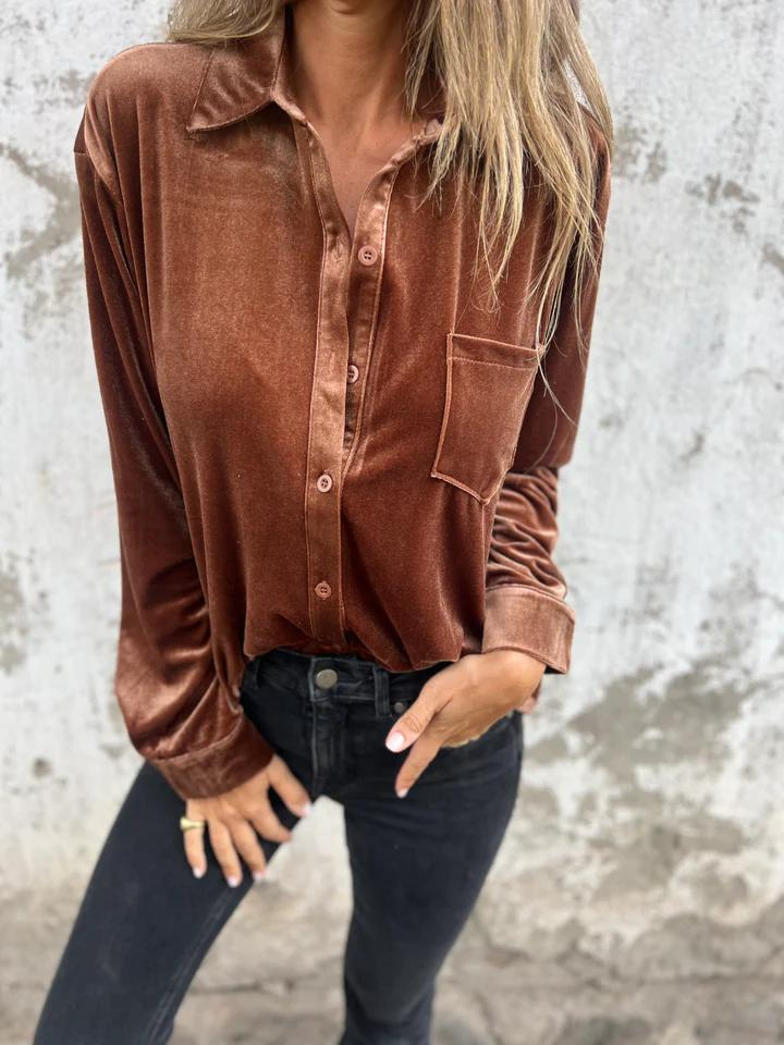 Levoire | Chemisier en velours pour femmes Tunique tendance Top chemise pour femmes Braun
