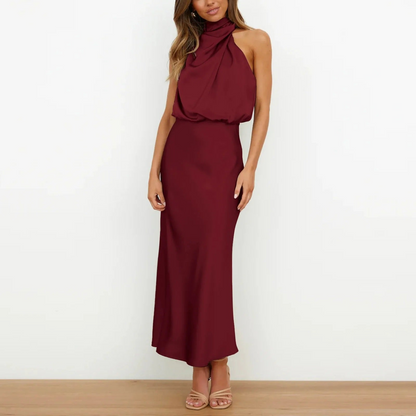 Levoire | Robe en Satin Longue avec Col pour Femmes Rot
