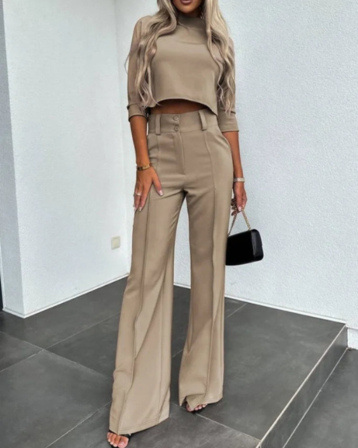 Levoire | Ensemble Femme Deux Pièces Avec Pantalon Évasé Et Top Ensemble Élégant Pour Femmes Khaki