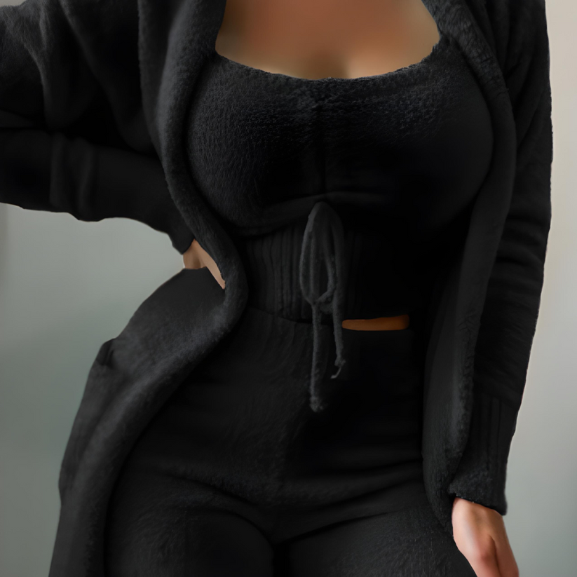 Levoire | Ensemble Fleece Confortable Avec Cardigan Et Shorts Noir