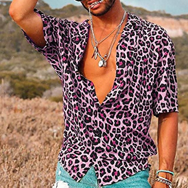 Levoire | Chemise Homme Manches Courtes Chemise d'Été avec Motif Léopard Rosa