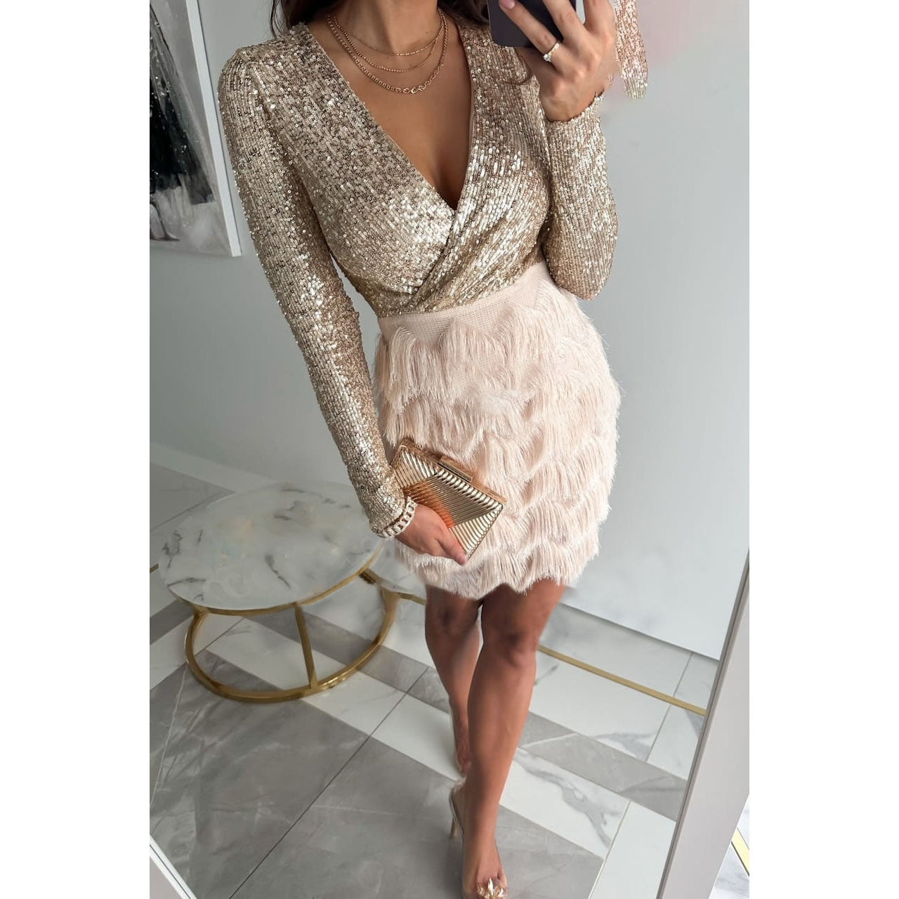 Levoire | Robe Avec Patchwork Et Franges Champagne