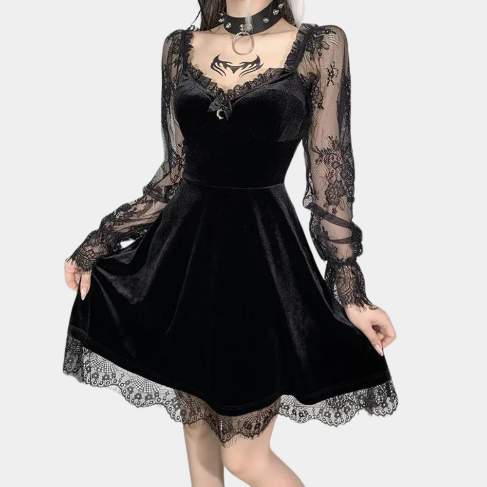 Levoire | Robe Mini Élégante pour Femme avec Dentelle et Manches Longues Noir