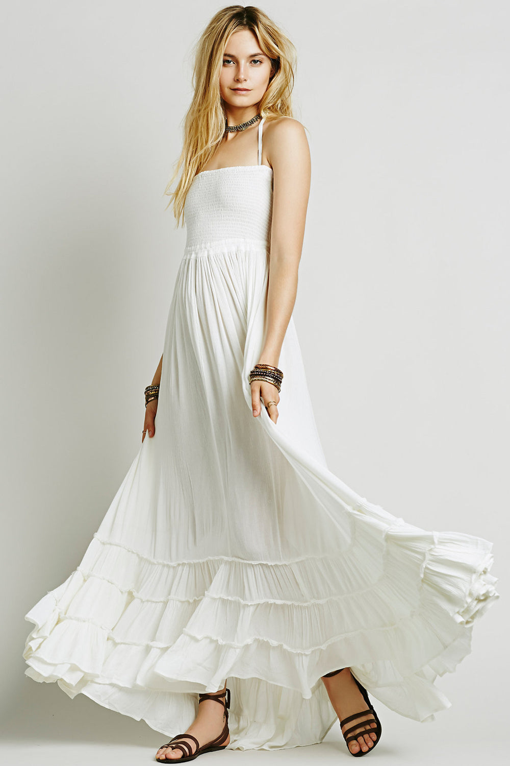 Levoire | Robes dos nu boho en coton sexy à volants évasées robe longue de plage Blanc