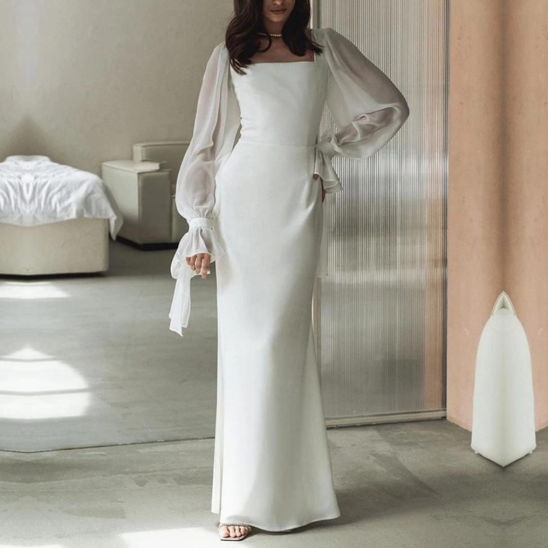 Levoire | Robe D'Invite De Mariage À Encolure Carrée Et Manches Lanternes - Maxi Blanc