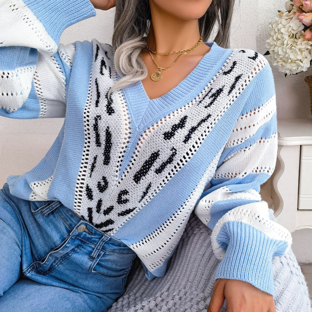 Levoire | Pull Élégant À Décolleté En V Avec Léopard Pour Femmes Bleu ciel