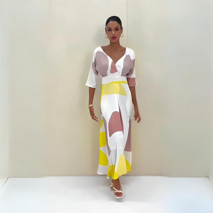 Levoire | Robe D'Été Longue Avec Décolleté Ludique Et Manches Trois Quarts Jaune