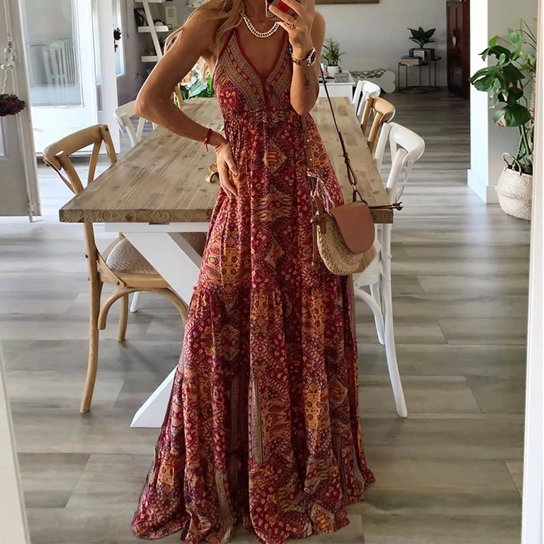 Levoire | Robe longue rouge bohème-chic avec fines bretelles et imprimé