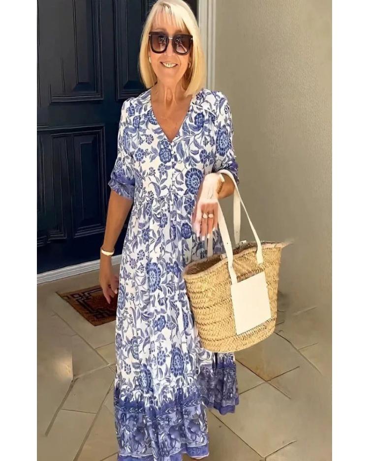 Levoire | Robe Élégante À Col V Et Manches Courtes Bleu