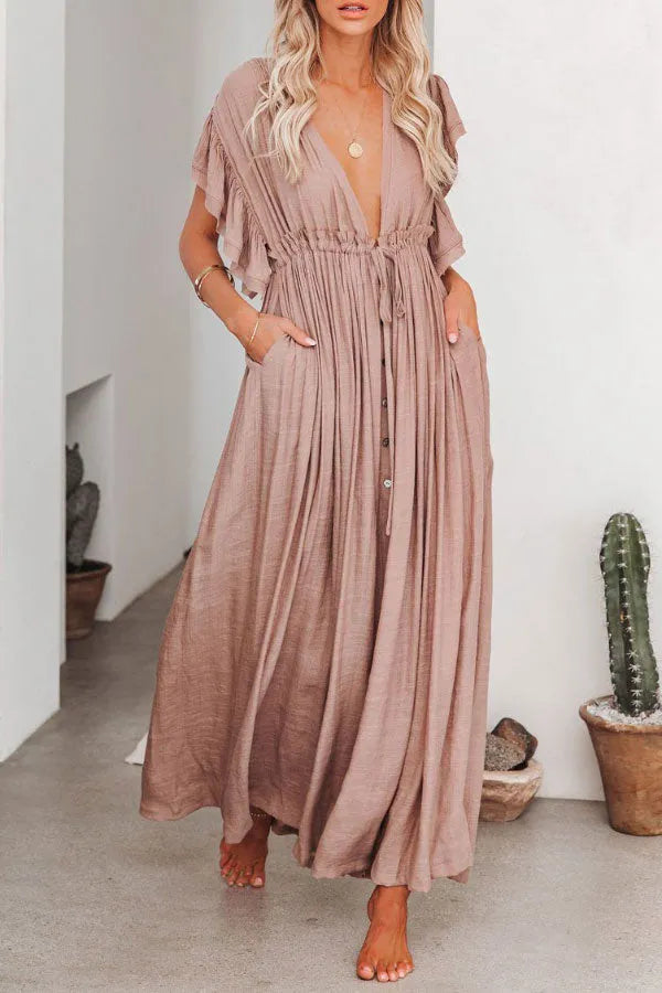 Levoire | Fairy Air Robe à encolure en V et à manches volantées Kaki Taille unique