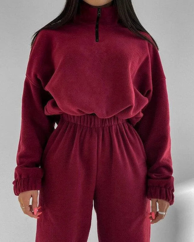 Levoire | Ensemble en tricot à col haut et large fermeture éclair Rouge vin