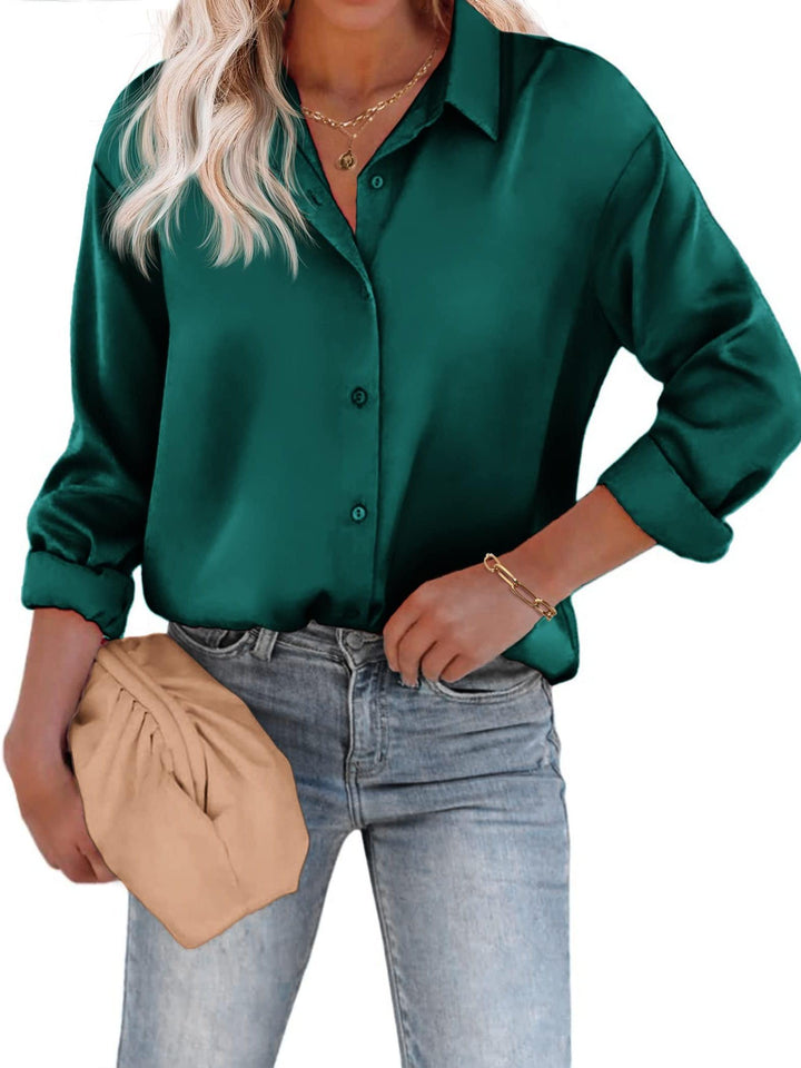 Levoire | Top Satin Décontracté Avec Bouton Et Manches Longues Vert foncé