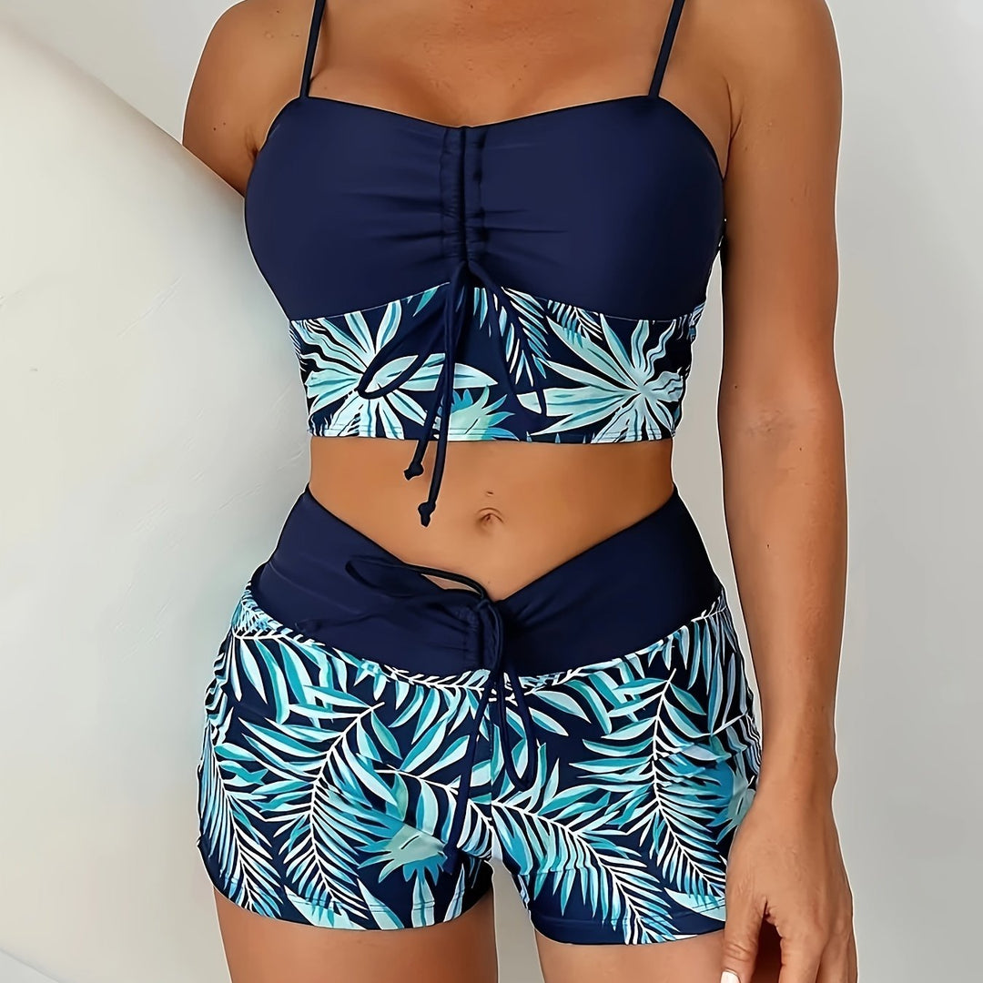 Levoire | Ensemble De Bikini Deux Pièces Avec Motif De Feuilles Et Shorty